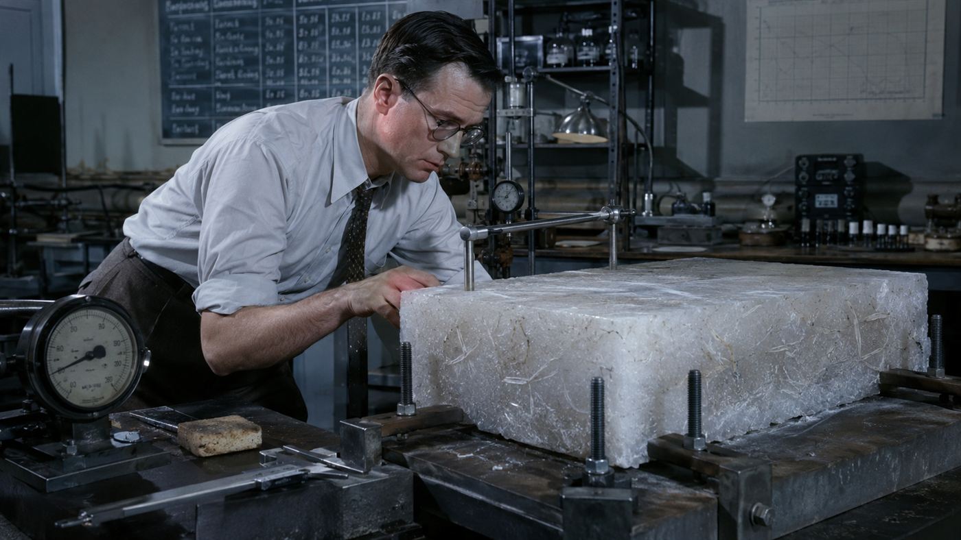 A block of pykrete, ice mixed with wood pulp, being tested on a workbench during the 1940s