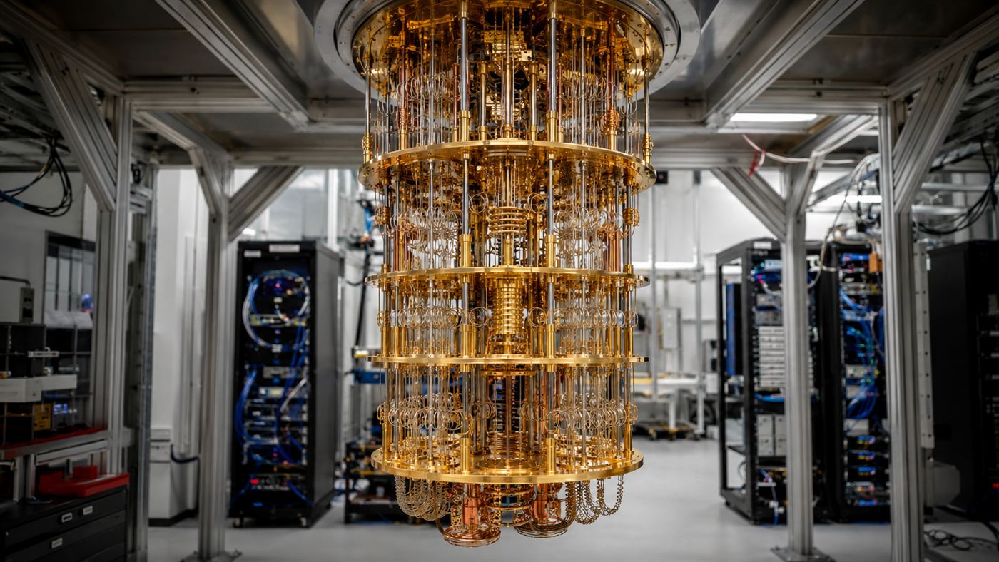 The golden chandelier-like cooling apparatus of a quantum computer hanging in a lab