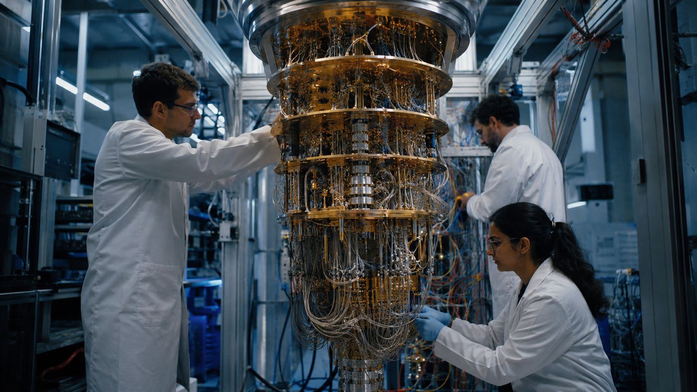 Scientists working around a large cylindrical quantum computer cooling system in a research lab
