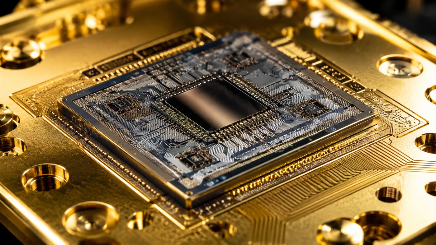 A close-up of a quantum processor chip with intricate circuitry mounted on a gold plate
