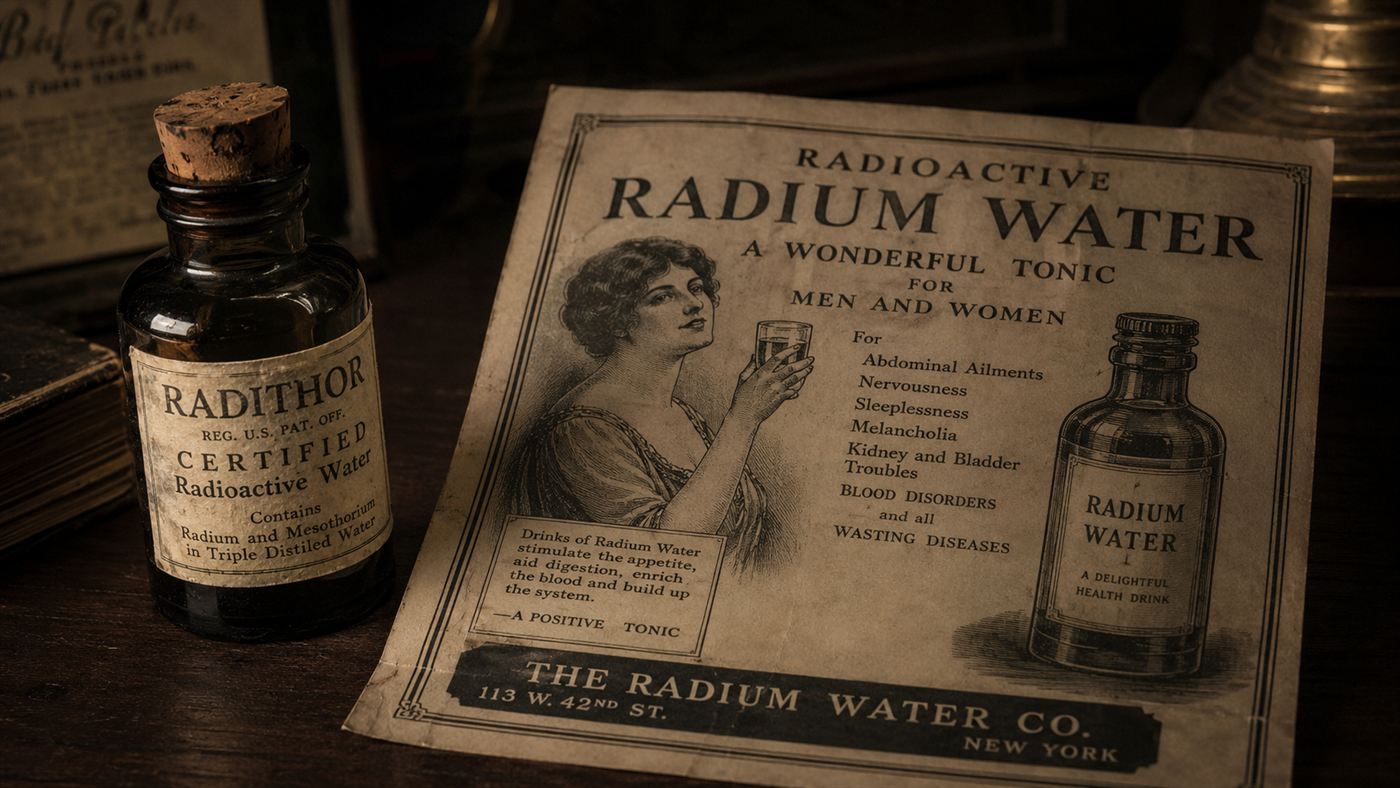 A small dark glass Radithor bottle with its original label beside a 1920s newspaper advertisement promoting radioactive radium water as a health cure