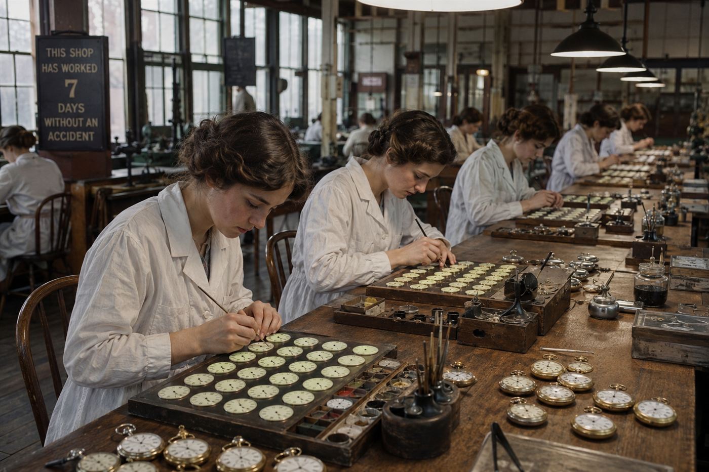 Radium Girls painting watch dials with luminous radium paint in a 1920s New Jersey factory, young women in white lab coats at long tables under bright lights