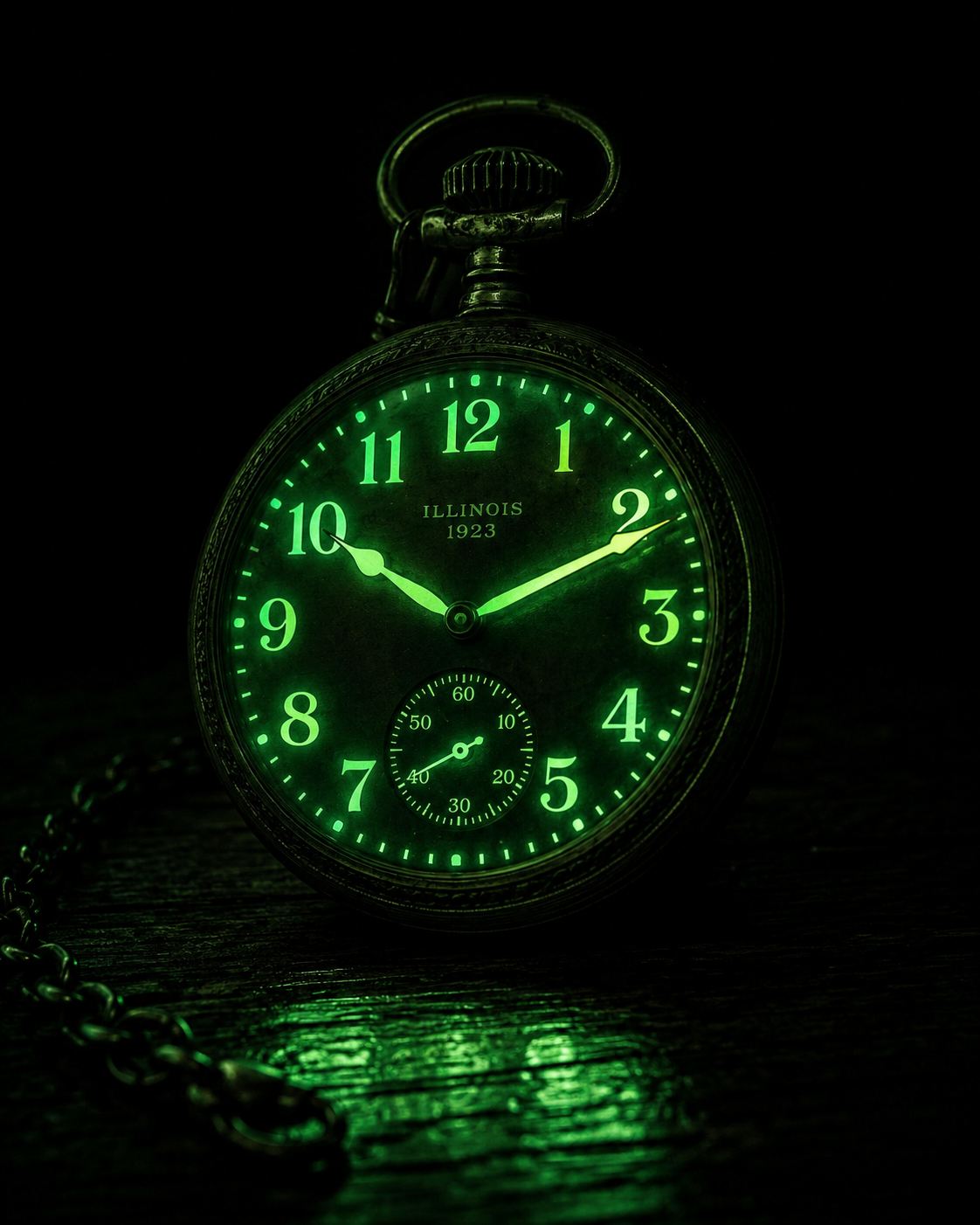 A 1920s radium watch dial glowing green in complete darkness, luminous numbers and hands emitting a ghostly glow from radium paint, antique pocket watch on wooden surface