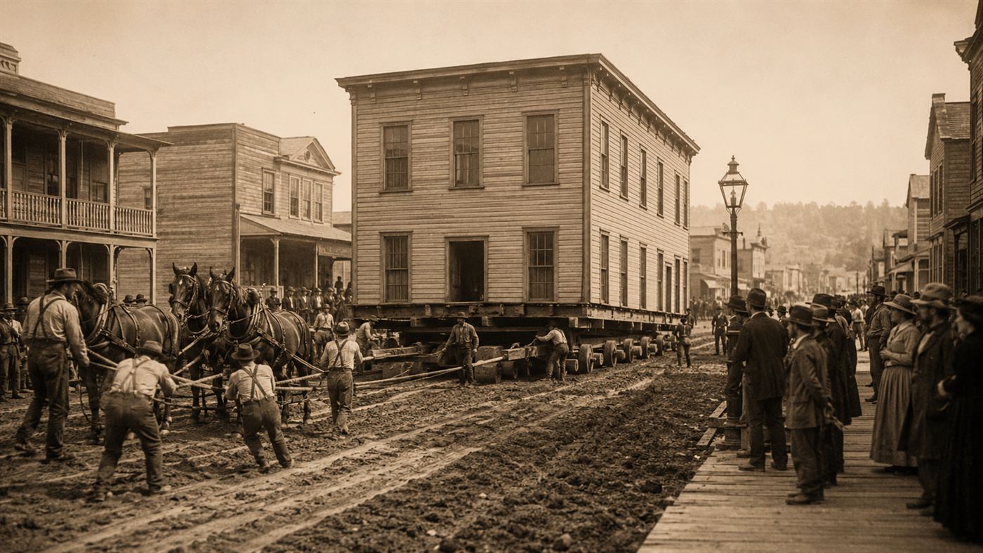 A 19th century wooden building jacked onto log rollers being hauled along a muddy Chicago street