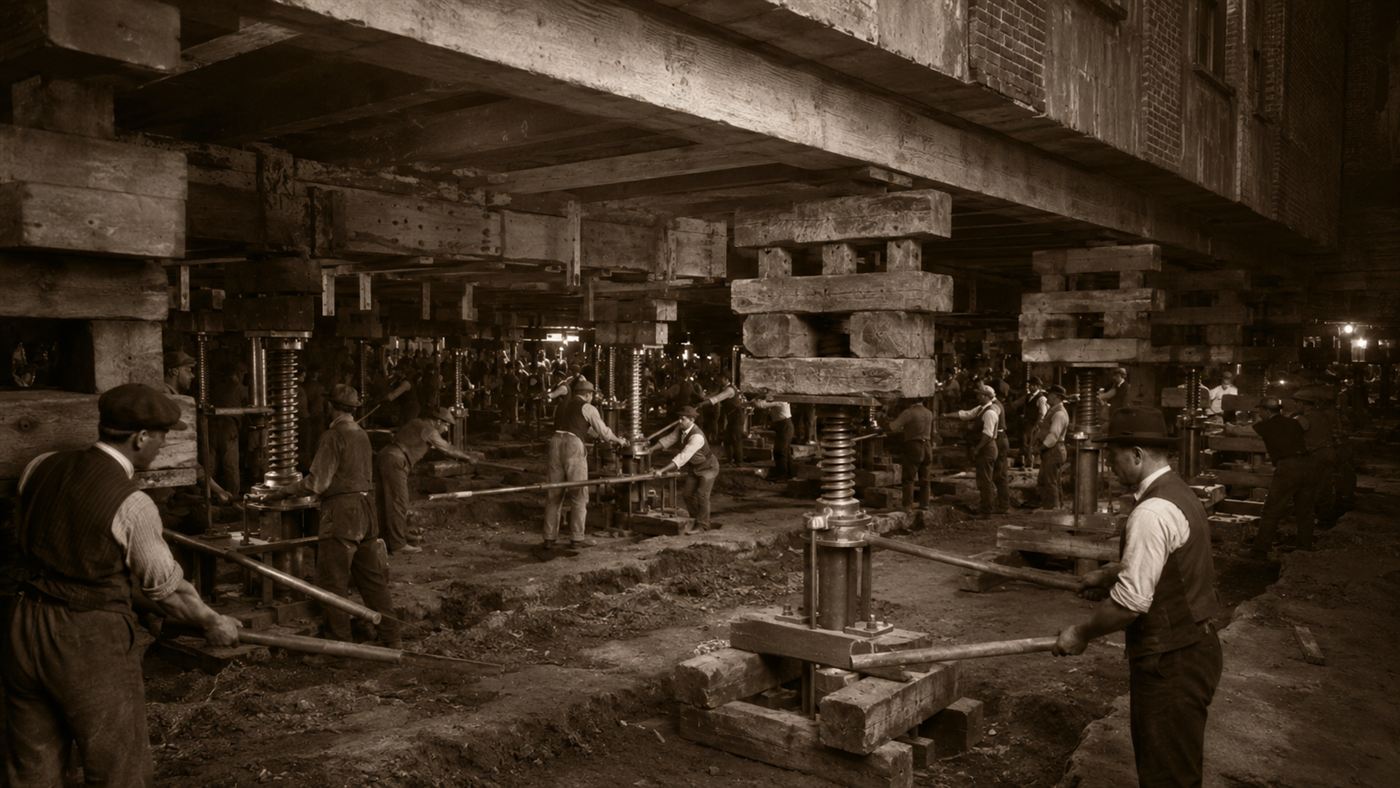 Workers in the 1860s turning rows of jackscrews beneath a large brick building during the raising of Chicago