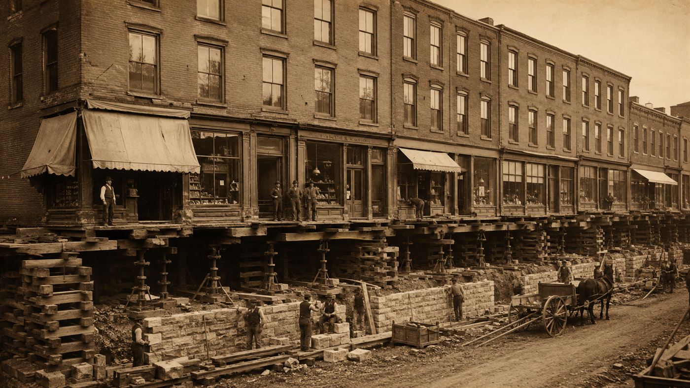 A long row of connected 1860s brick storefronts raised on cribbing and jacks with new foundations being built beneath