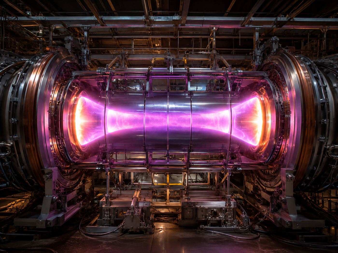 The glowing interior of a magnetic mirror fusion device with hot plasma held inside a metal chamber