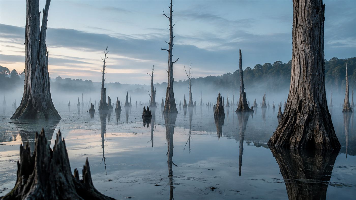 The still water of Reelfoot Lake studded with the stumps and bare trunks of a drowned bald-cypress forest