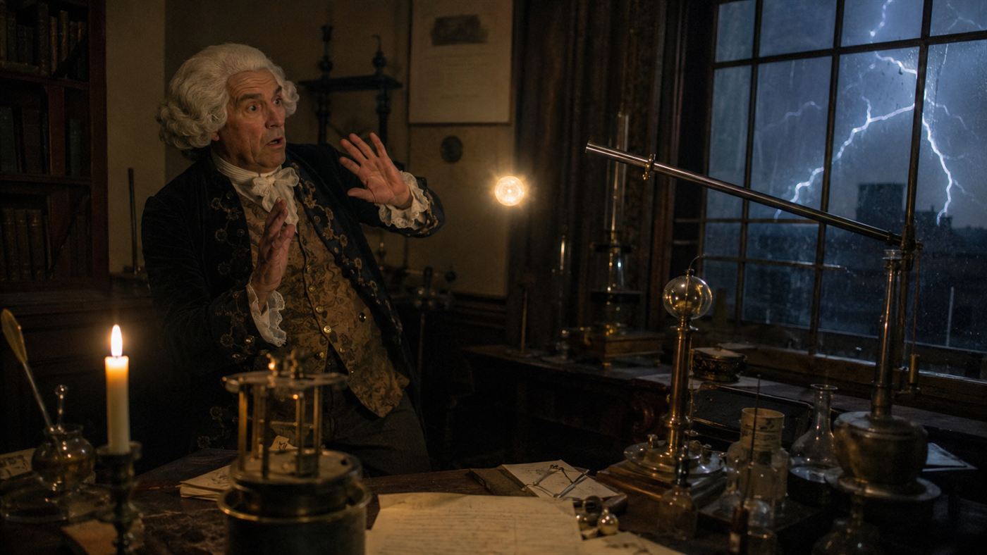An 18th-century scientist recoiling from a glowing ball, evoking ball lightning and the death of Georg Richmann