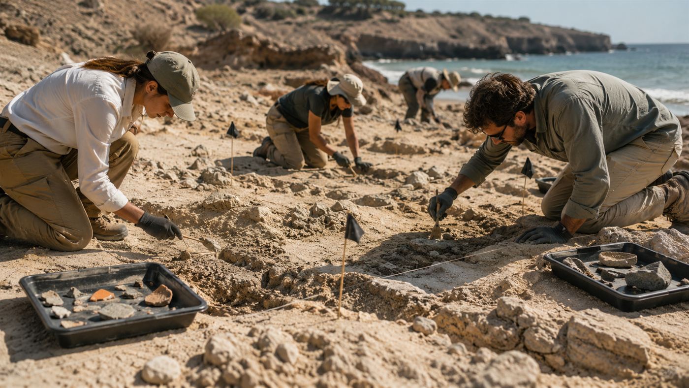 Archaeologists carefully excavating a coastal dig site with small flags and trays of recovered pottery fragments
