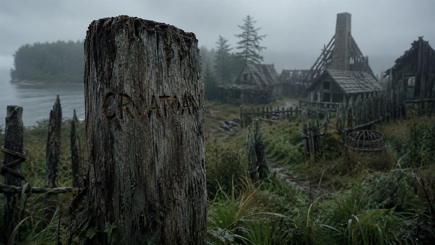 The word CROATOAN carved into a weathered wooden palisade post at the deserted site of the Roanoke Colony
