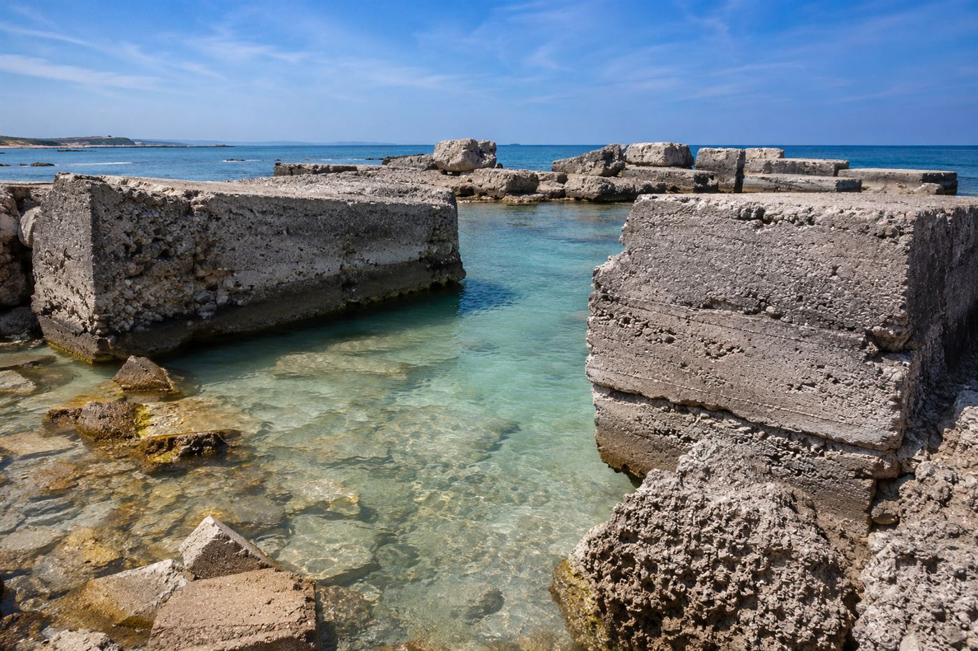 Ancient Roman concrete harbour ruins standing in shallow turquoise sea water after 2,000 years