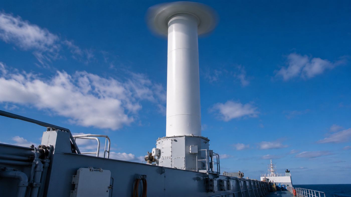 A single rotor sail cylinder spinning on deck, using wind-assisted propulsion on a cargo ship
