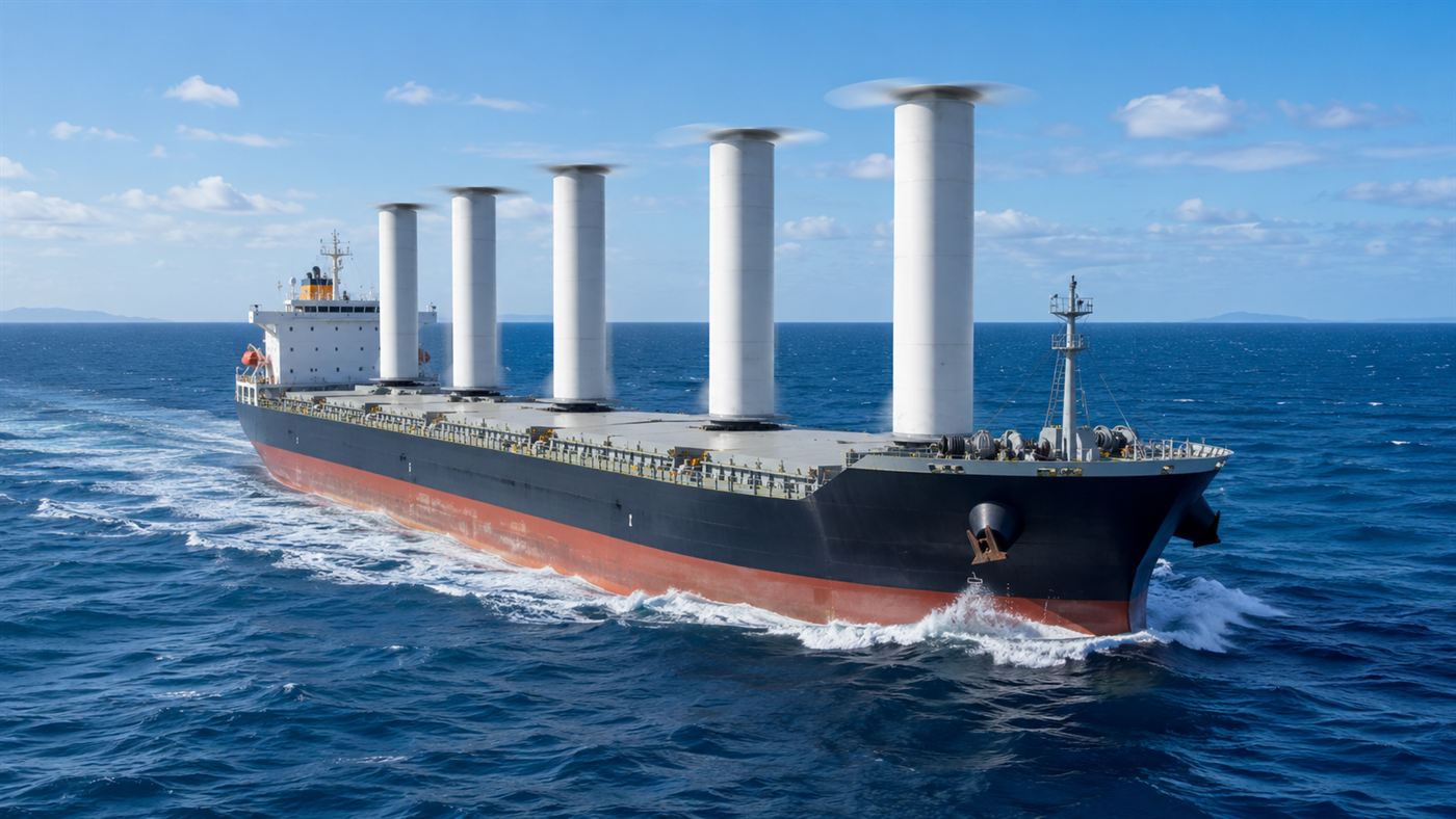 Rotor sails, tall white spinning cylinders, on the deck of a modern cargo ship at sea