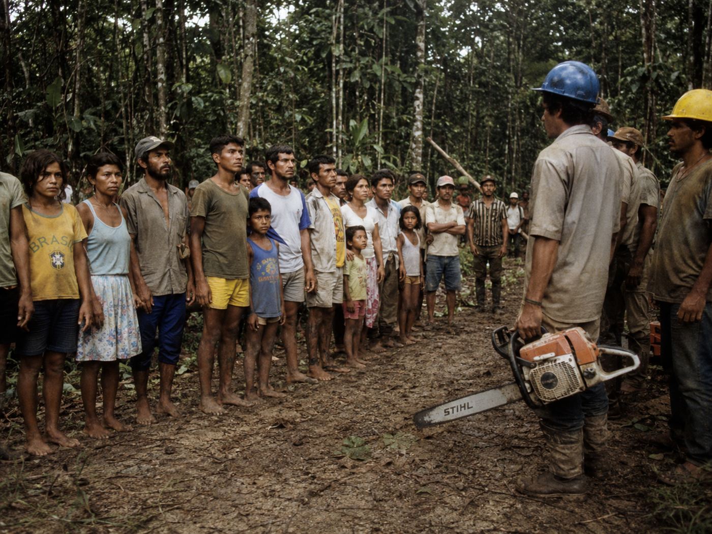 Amazon rubber tappers in Acre, Brazil, performing an empate stand-off, workers and families linking arms and blocking loggers' chainsaws in front of towering rainforest trees