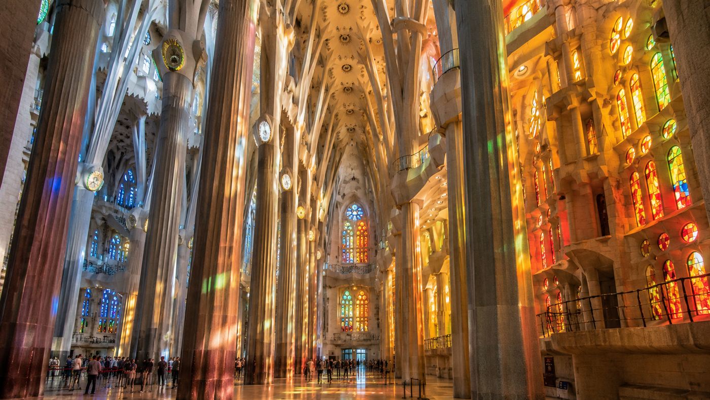The interior of the Sagrada Familia with towering tree-like stone columns branching toward a high vaulted ceiling and coloured light from stained glass