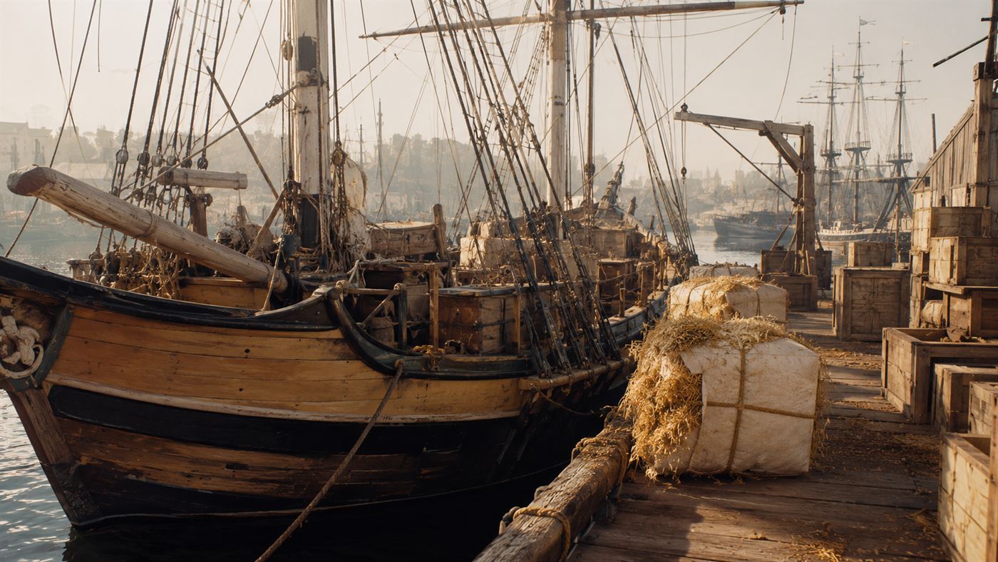 A wooden 19th-century sailing brig docked at a busy harbor being loaded with insulated cargo