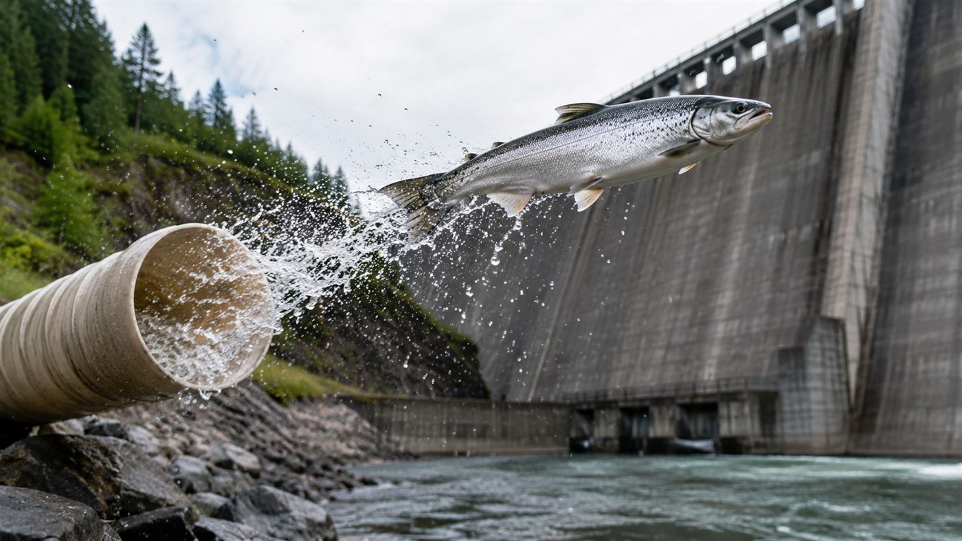 A live salmon flying out of the end of a salmon cannon tube above a river beside a concrete dam