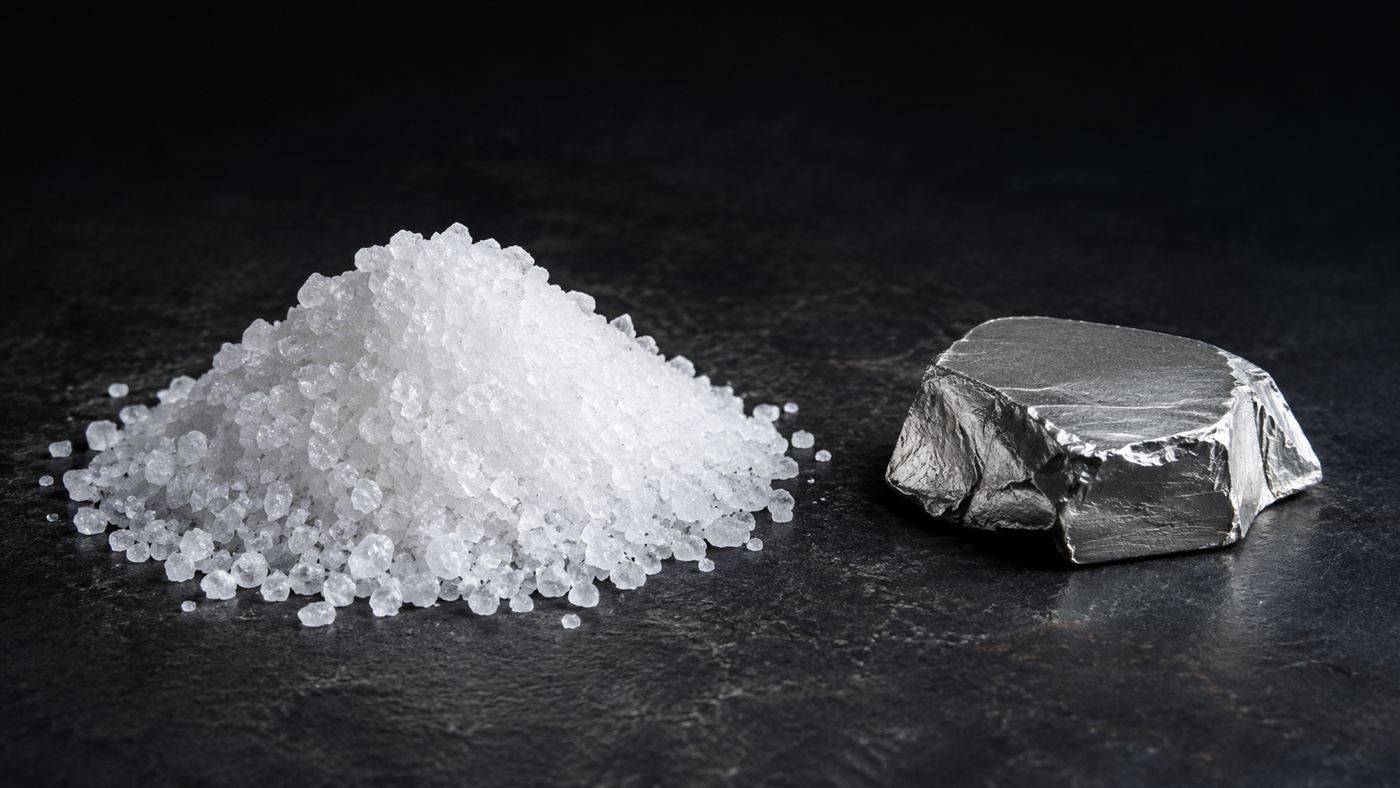 A pile of white salt crystals beside a small sample of grey lithium metal, contrasting the two battery materials