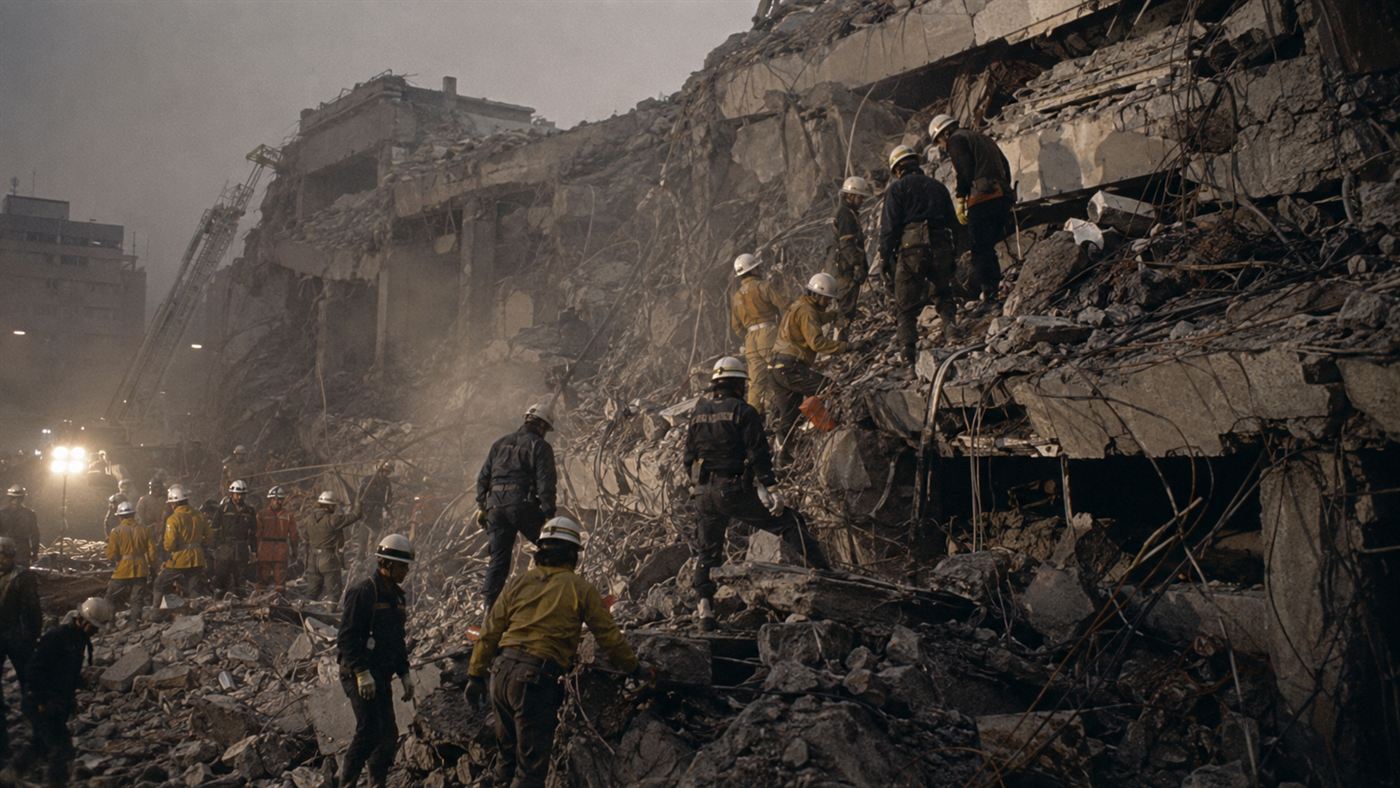 Rescue crews searching the collapsed concrete rubble of the Sampoong Department Store in Seoul, 1995