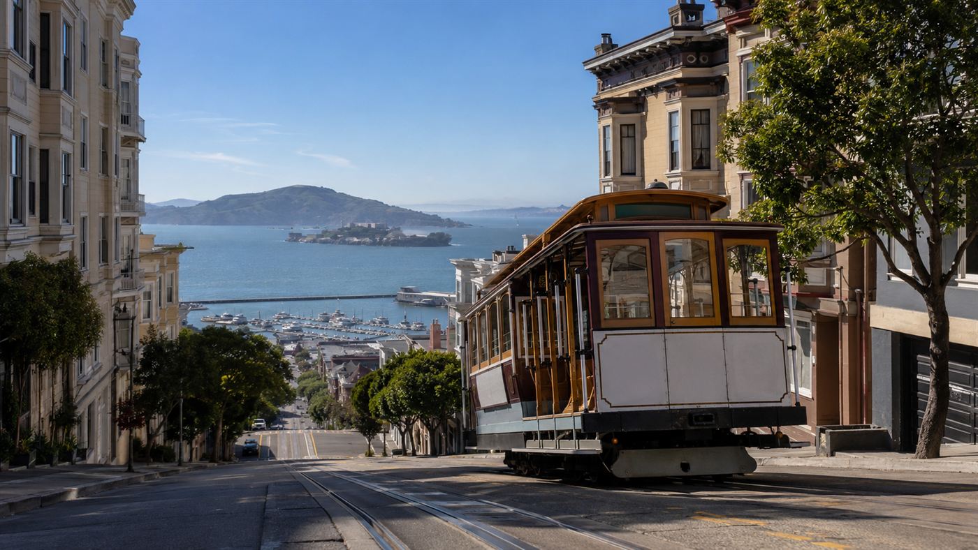 A classic wooden San Francisco cable car climbing a very steep city street with the bay visible below