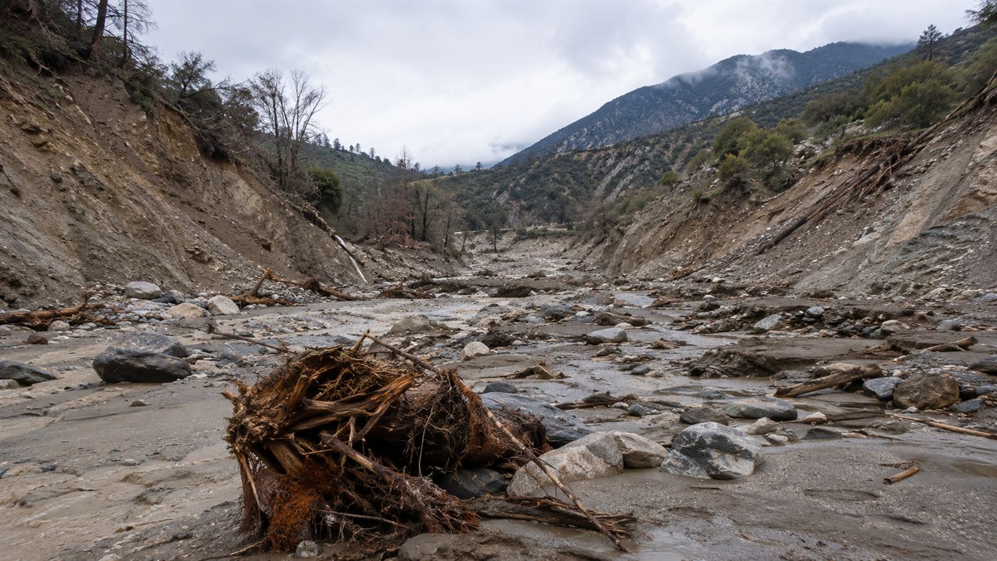 A wide California canyon scoured bare by floodwater, with debris and stripped ground marking the path of the 1928 dam flood
