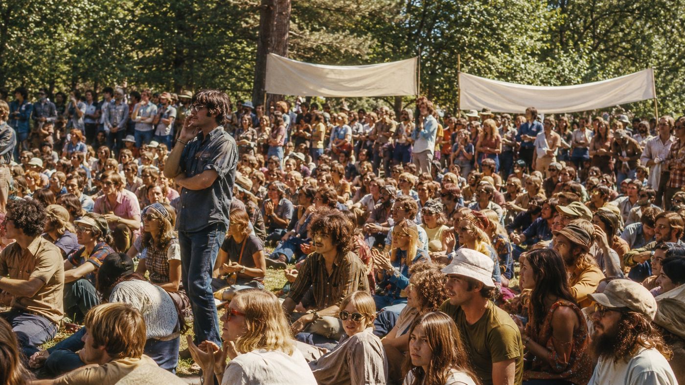 A large crowd gathered in a park for an early 1970s environmental rally on a sunny day, with trees and banners in the background