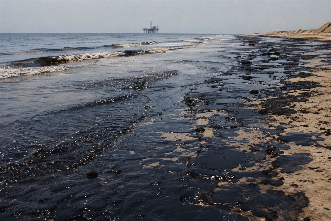 A 1969 California beach coated in thick black crude from the Santa Barbara oil spill, with an offshore oil platform on the hazy horizon