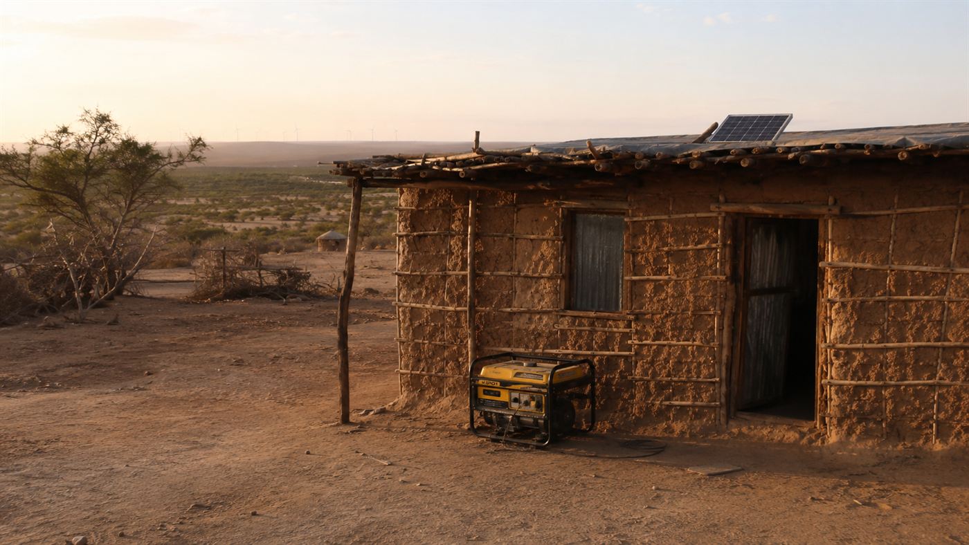 A simple home in a remote Marsabit County community with a diesel generator beside the wall, the faint outlines of wind turbines just visible on the dusty horizon