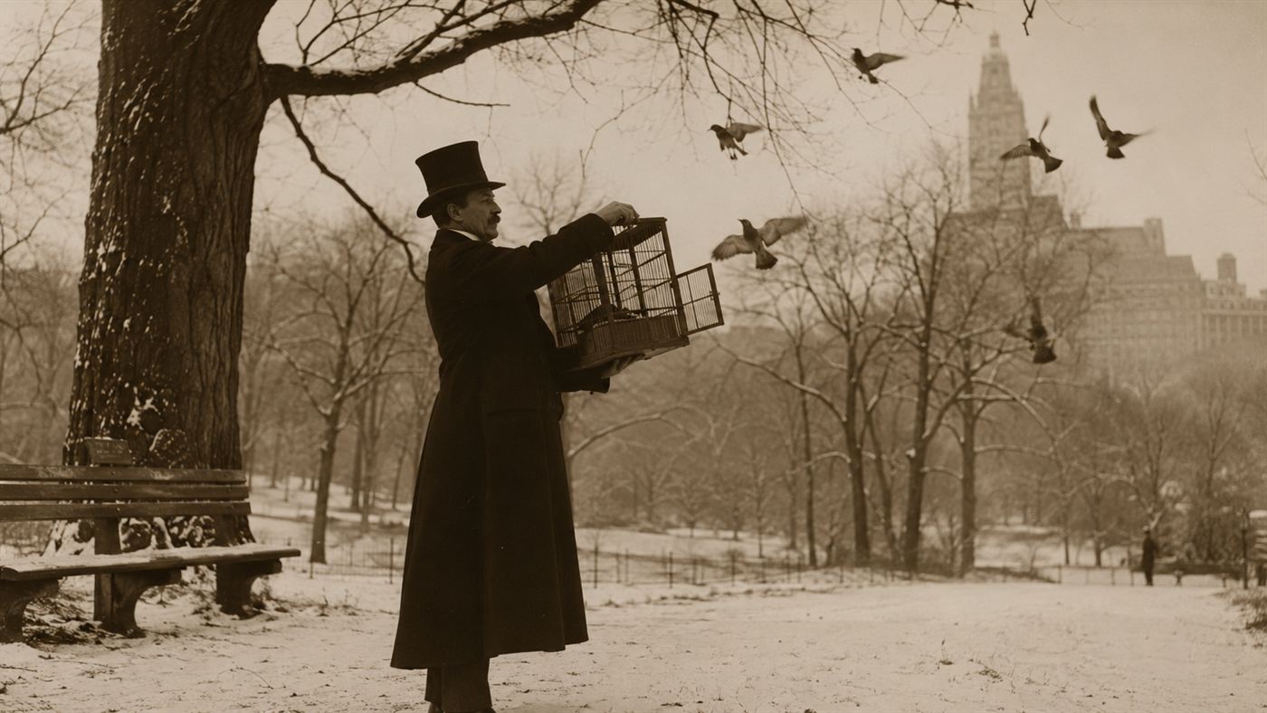 A Victorian gentleman releasing European starlings from a cage in Central Park in 1890