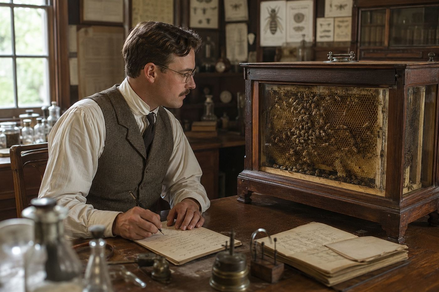 A scientist observing bees through a glass observation hive and taking notes, like Karl von Frisch decoding the waggle dance