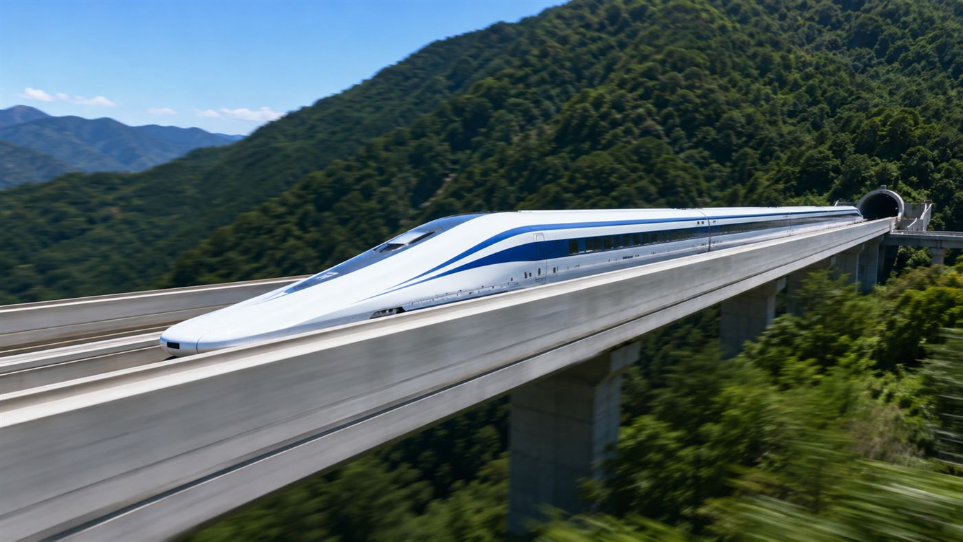 A long-nosed SCMaglev L0 Series bullet train speeding along an elevated U-shaped guideway in Japan