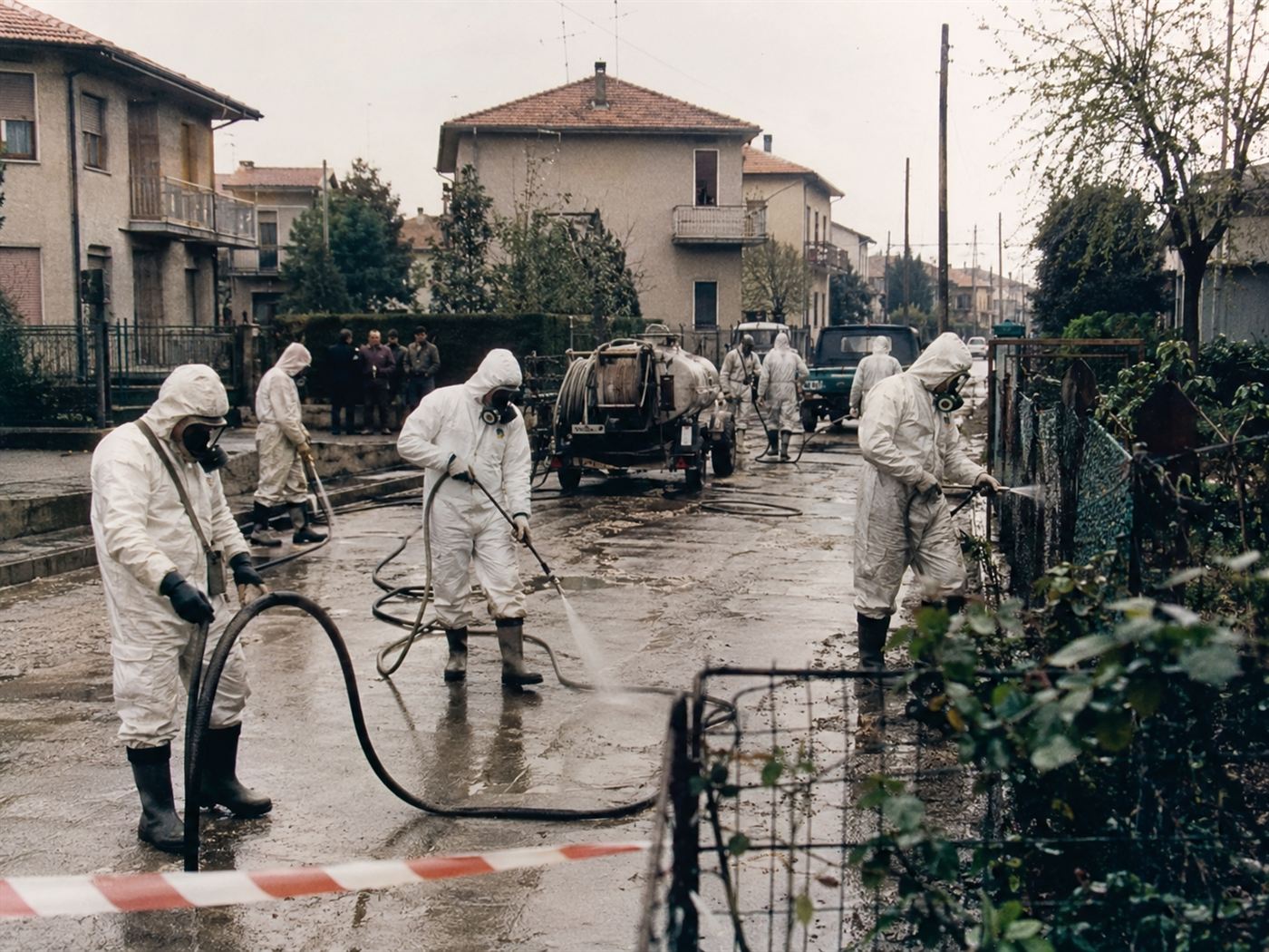 Hazmat workers in white protective suits decontaminating Seveso Italy Zone A 1976, cleanup crews in residential streets after dioxin TCDD contamination, warning signs