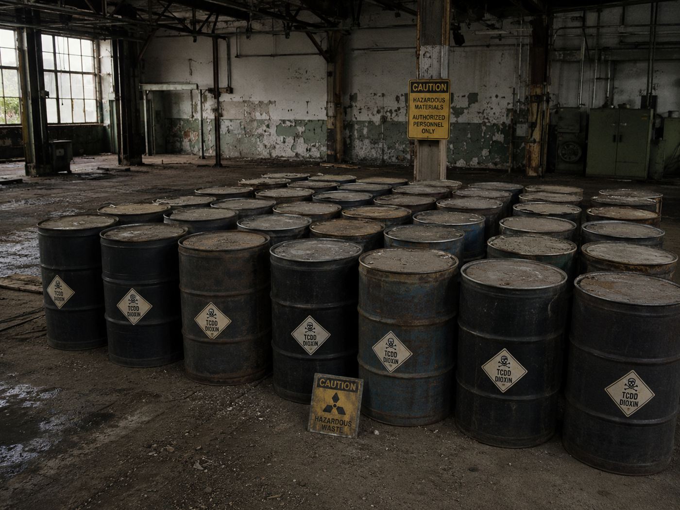 Forty-one sealed metal drums of TCDD dioxin contaminated waste from Seveso disaster 1982, industrial hazardous material containers in a warehouse, warning labels, toxic waste
