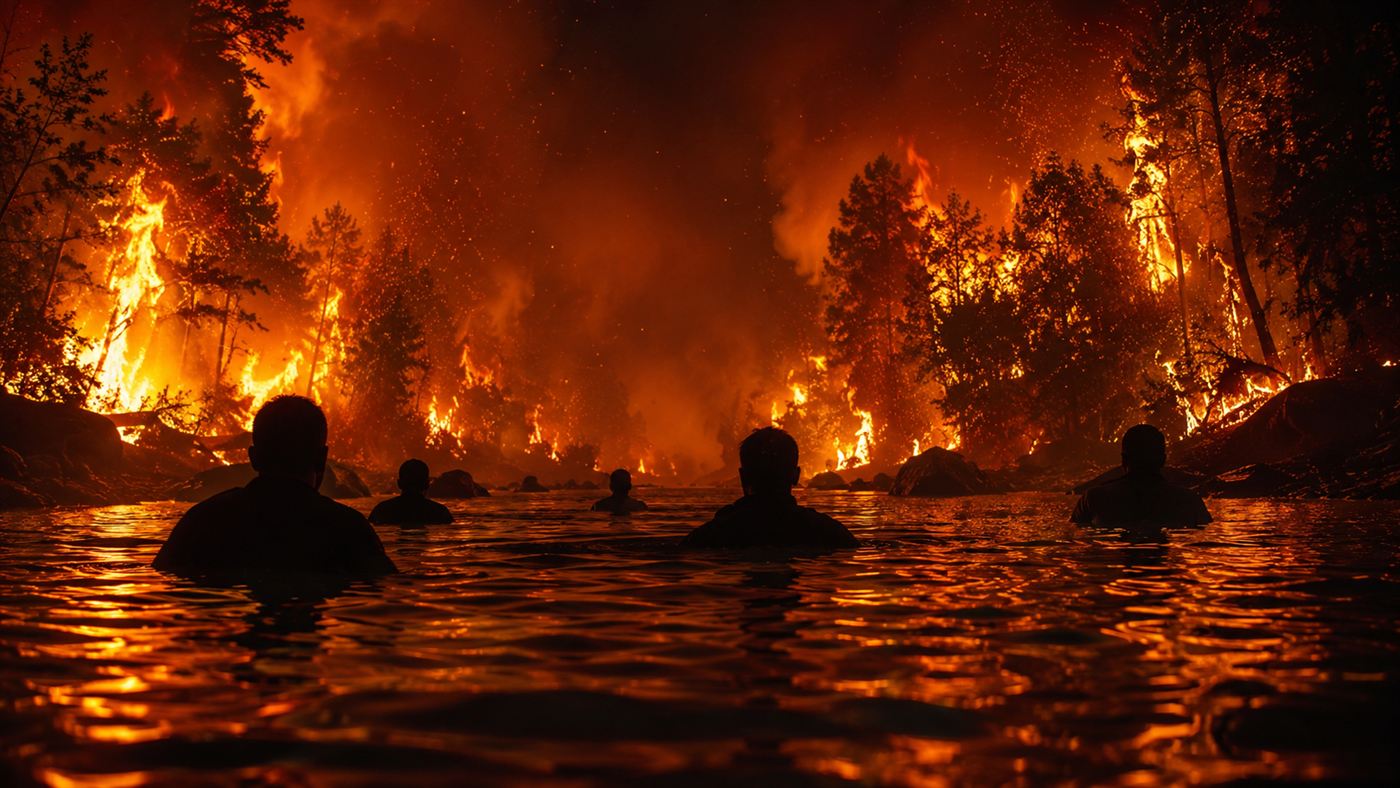 Dark silhouetted figures standing shoulder-deep in a river at night as a wall of orange wildfire roars along the banks
