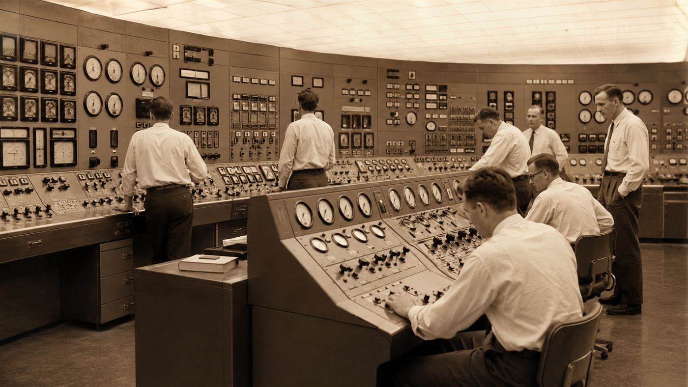 Engineers in white shirts monitoring dials and switches in the 1950s control room of the Shippingport atomic power station