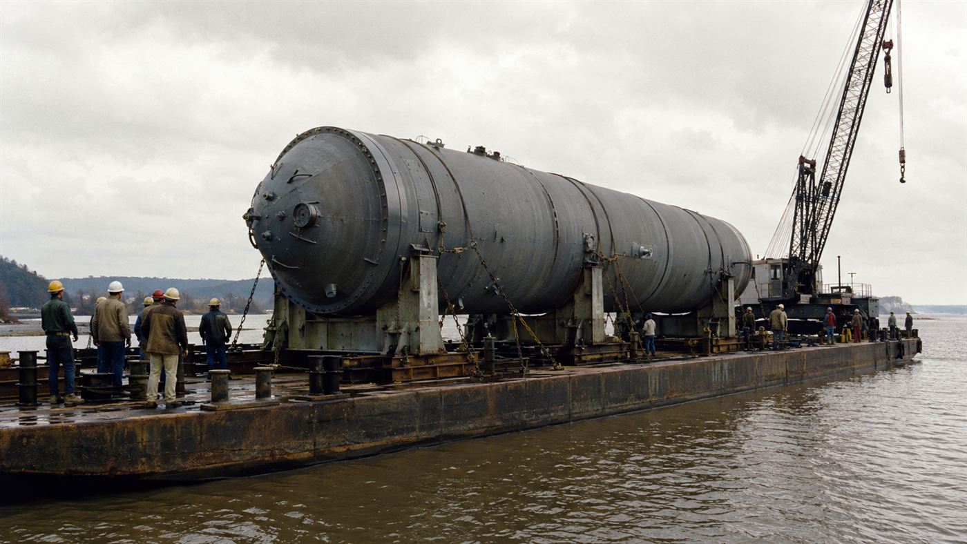 The sealed Shippingport reactor pressure vessel loaded onto a river barge for its long journey to burial during decommissioning in the 1980s