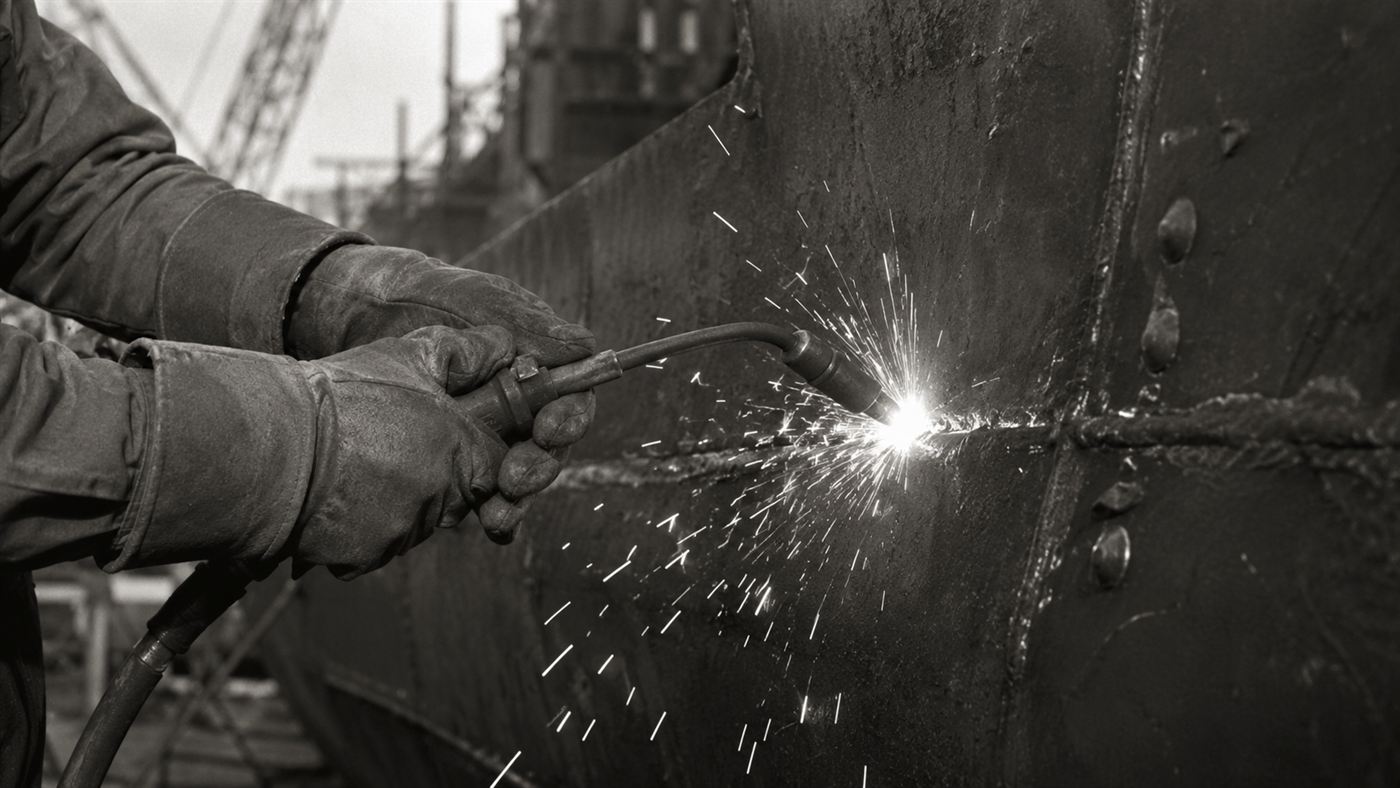 Gloved hands welding a steel ship hull plate with bright sparks, a welded hull under construction