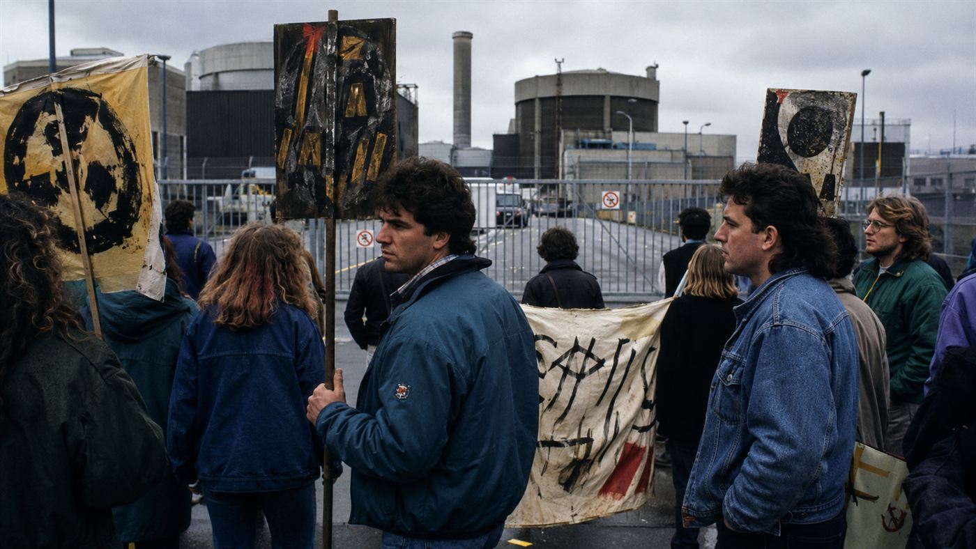 A crowd of 1980s protesters holding anti-nuclear signs outside the gates of the Shoreham plant on Long Island