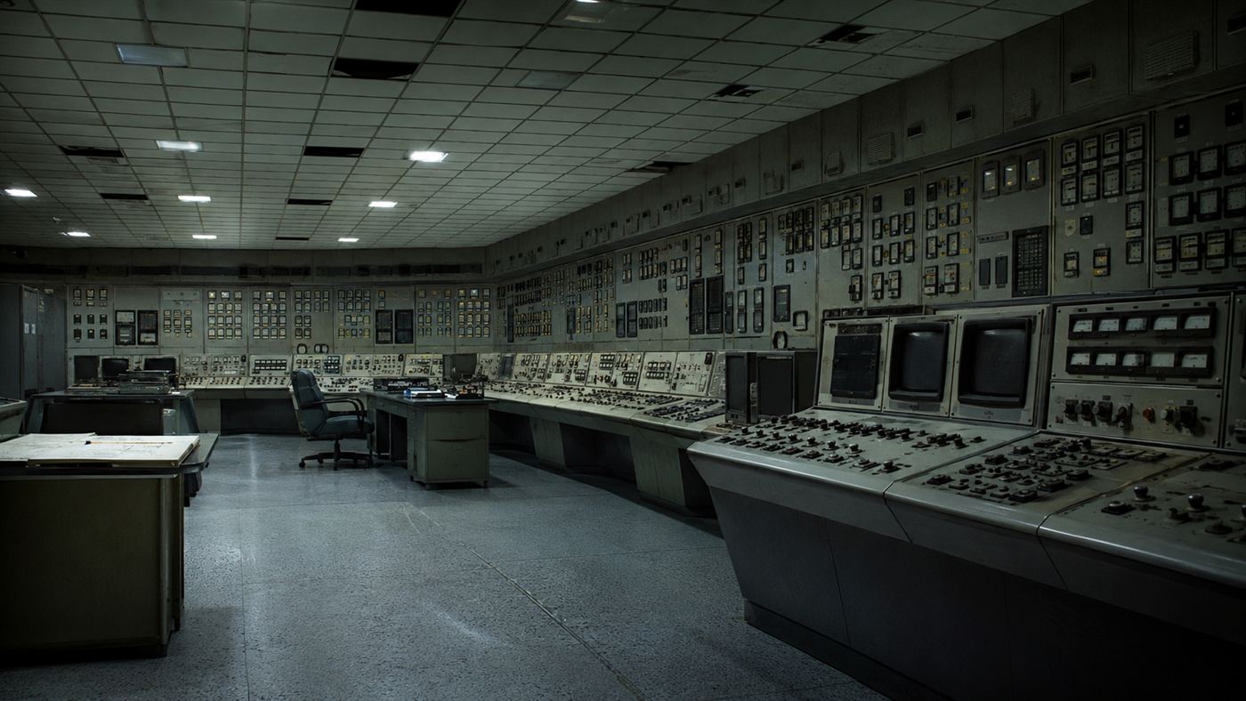 An empty, idle nuclear plant control room with dark panels and unused switches