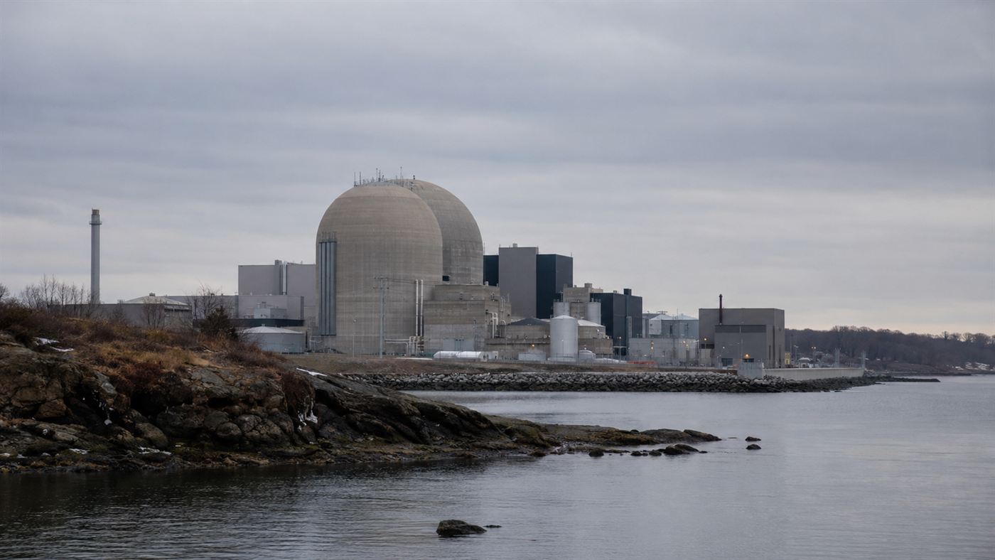The completed Shoreham nuclear plant beside Long Island Sound, silent and never operating