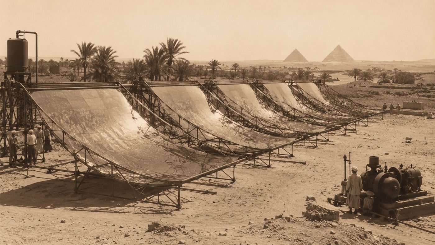 Rows of long parabolic mirror troughs in the Egyptian desert, evoking Frank Shuman's solar plant of 1913 near Cairo