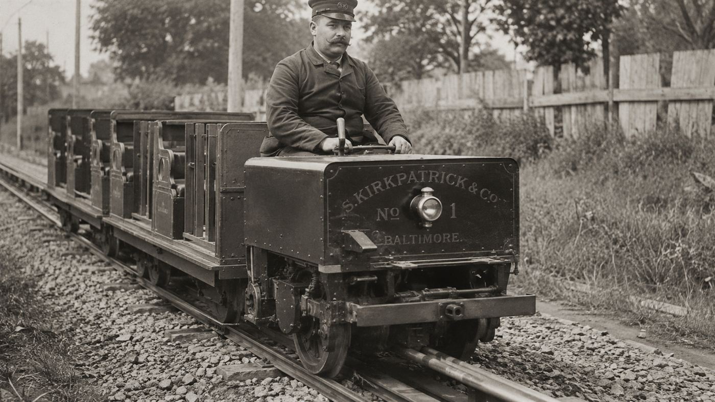 A close-up of the small 1879 Siemens electric locomotive on its track with a central electrified rail