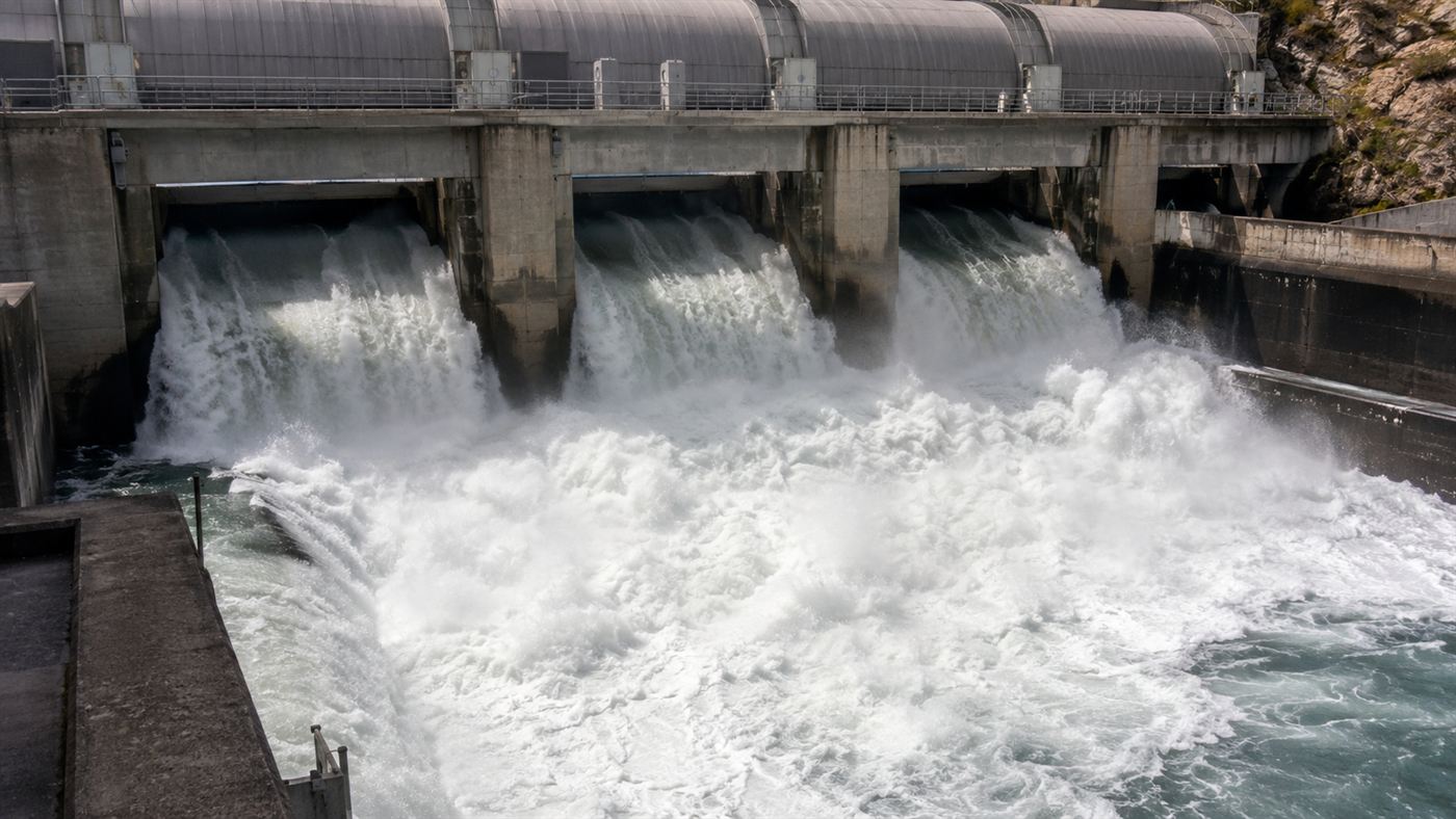 Seawater surging through the open sluice gates of the Sihwa tidal barrage, white turbulent water below the turbine housing