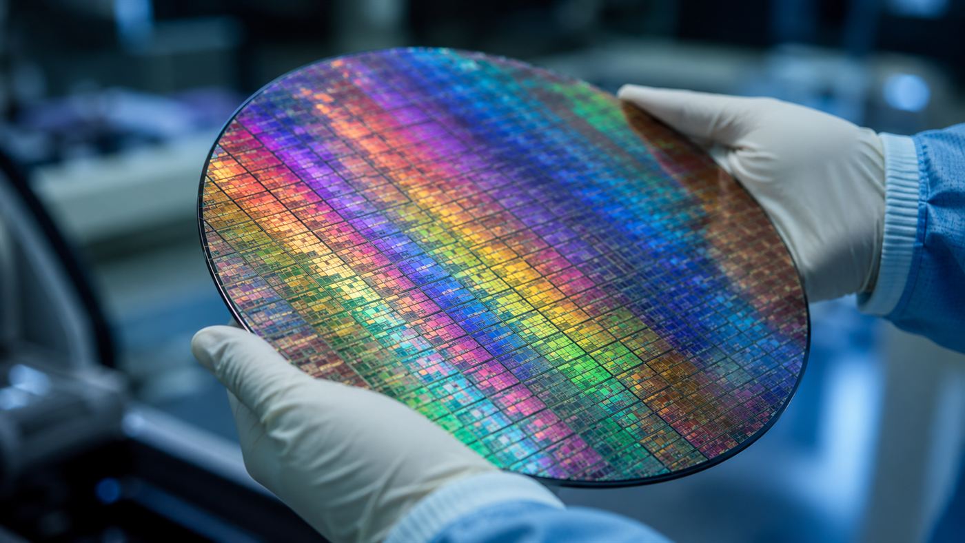 A shiny circular silicon wafer covered in a grid of tiny advanced computer chips, reflecting rainbow colours
