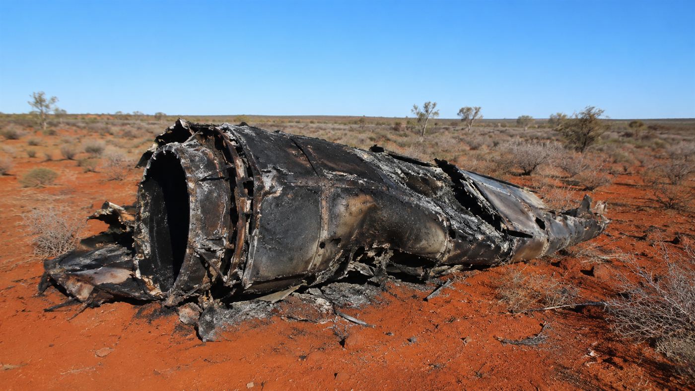 A charred twisted metal fragment of the Skylab space station lying on red dirt in the flat Australian outback scrub under a blue sky