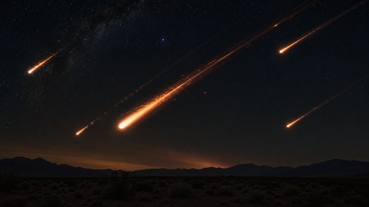 Bright streaking fireballs of Skylab debris burning up during re-entry across a dark night sky with long glowing trails