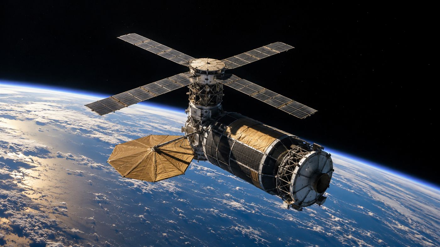 The 1970s Skylab space station with its gold sun shield and windmill-like solar panels orbiting above the blue curve of the Earth against black space