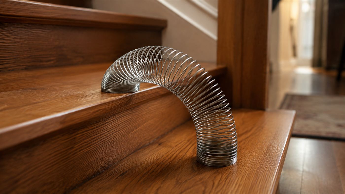 A metal Slinky coil caught mid-motion walking down a set of wooden stairs