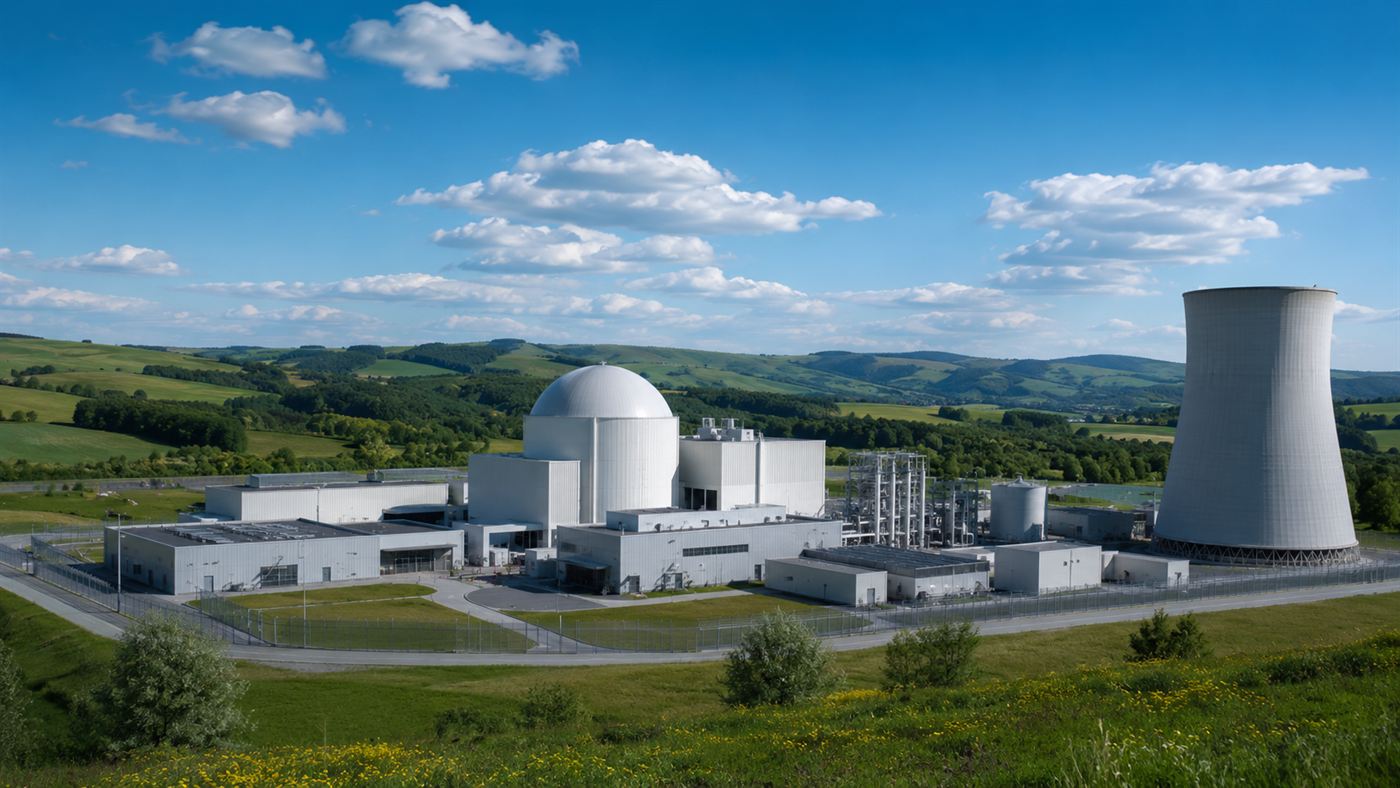 A compact clean small modular reactor power plant with modern industrial buildings under a blue sky